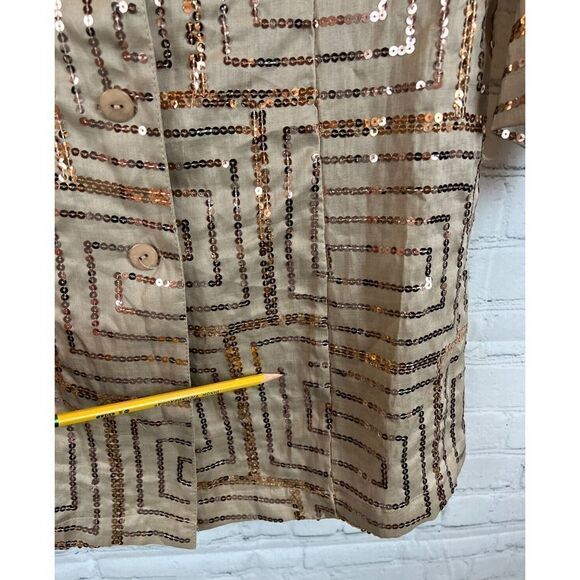 NIGHT STUDIO LINEN beige linen sequins 3/4 sleeve blazer jacket blouse tunic 8 - Picture 8 of 13
